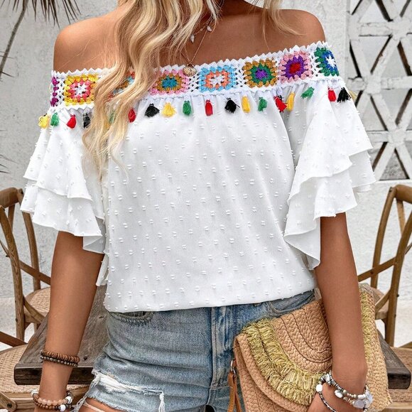 White Boho Women's Off Shoulder Shirt With Colorful Tassel Design - Picture 1 of 6